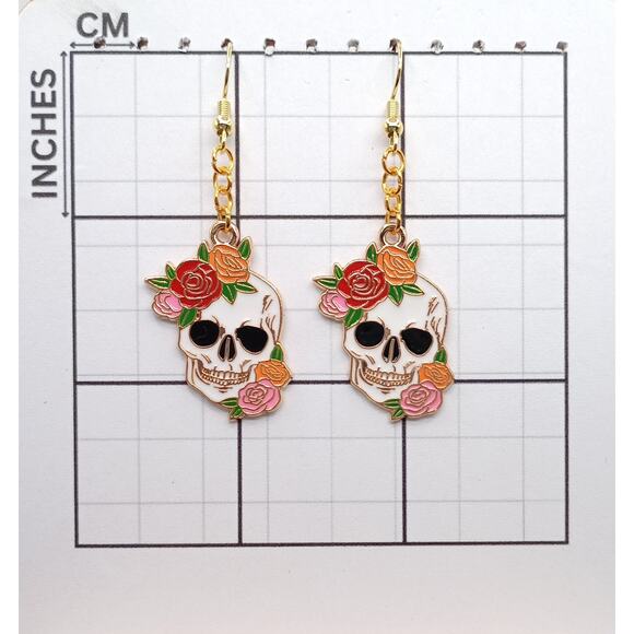 Skull & Roses Dangle Earrings | Gothic Witchy Halloween Jewelry - Picture 3 of 4
